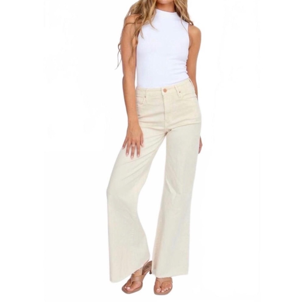 Dear John High Rise Wide Leg Flare‎ Jeans Off White Cream Raw Hem Size 28